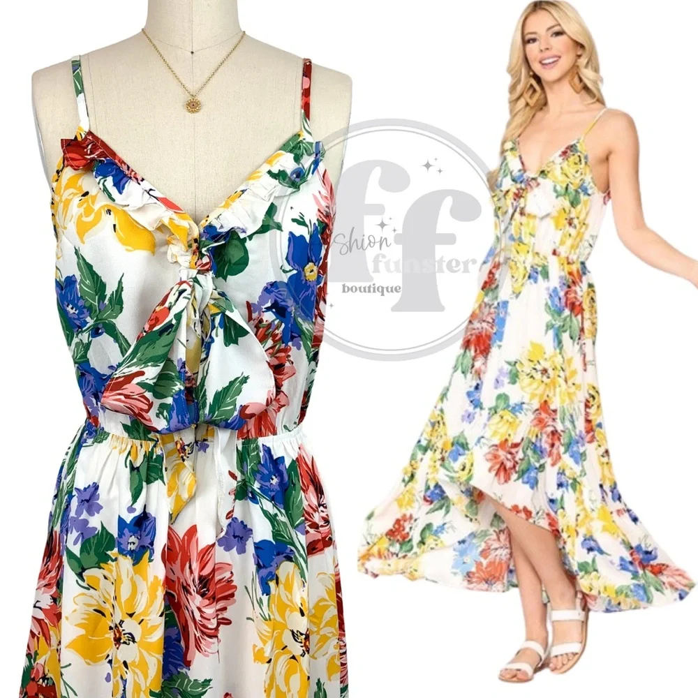 Gigio Rainbow Pop Art Floral Print Ruffle Bow Scarf Bodice High Low Maxi Dress - Picture 3 of 9
